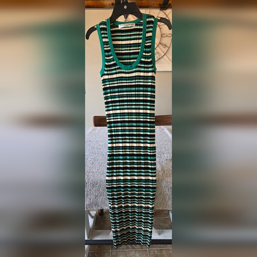 Trina Turk Green, Black & Cream Striped Ribbed Midi Dress